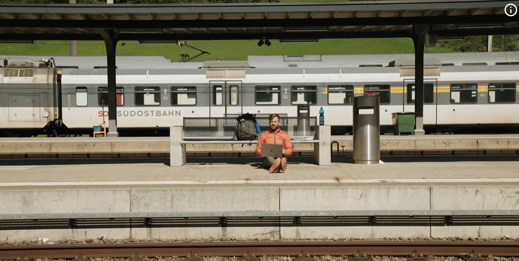 Editing on a Swiss railway platform, SOB train